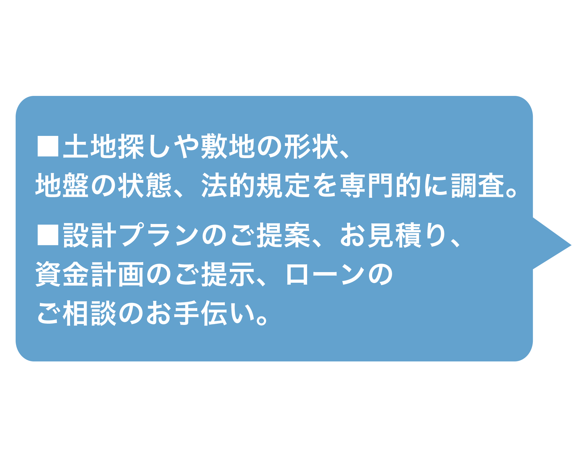 ■土地探しや敷地の形状、地盤の状態、法的規定を専門的に調査。■設計プランのご提案、お見積り、資金計画のご提示、ローンのご相談のお手伝い。